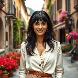 A 38-year-old woman with dark hair and distinctive Italian features, fully dressed in a fashionable outfit