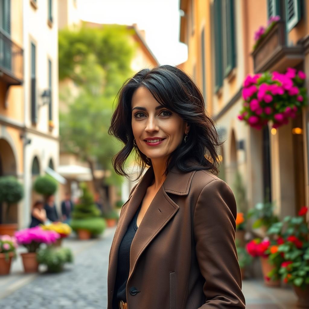 A 38-year-old woman with dark hair and distinctive Italian features, fully dressed in a fashionable outfit