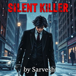A dramatic book cover illustration featuring a man walking in the snowy streets of New York City at night