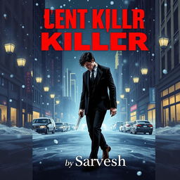 A dramatic book cover illustration featuring a man walking in the snowy streets of New York City at night