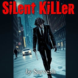 A dramatic book cover illustration featuring a man walking in the snowy streets of New York City at night