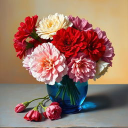 An exquisite oil painting featuring a vibrant arrangement of carnation flowers in a beautifully crafted blue glass vase