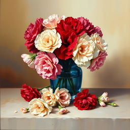 An exquisite oil painting featuring a vibrant arrangement of carnation flowers in a beautifully crafted blue glass vase