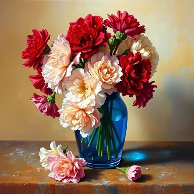 An exquisite oil painting featuring a vibrant arrangement of carnation flowers in a beautifully crafted blue glass vase