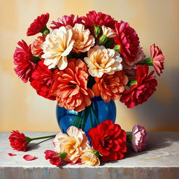 An exquisite oil painting featuring a vibrant arrangement of carnation flowers in a beautifully crafted blue glass vase