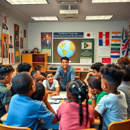 A vibrant and inspiring classroom scene that embodies themes of patriotism, nationalism, and human rights