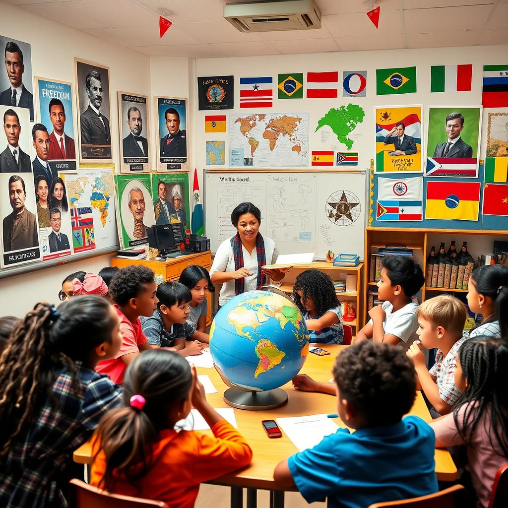 A vibrant and inspiring classroom scene that embodies themes of patriotism, nationalism, and human rights