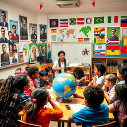 A vibrant and inspiring classroom scene that embodies themes of patriotism, nationalism, and human rights