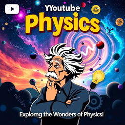 A visually striking thumbnail for a YouTube Physics channel, showcasing a dynamic and vibrant scene that blends elements of classic physics symbols like equations, atoms, and galaxies