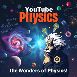 A visually striking thumbnail for a YouTube Physics channel, showcasing a dynamic and vibrant scene that blends elements of classic physics symbols like equations, atoms, and galaxies