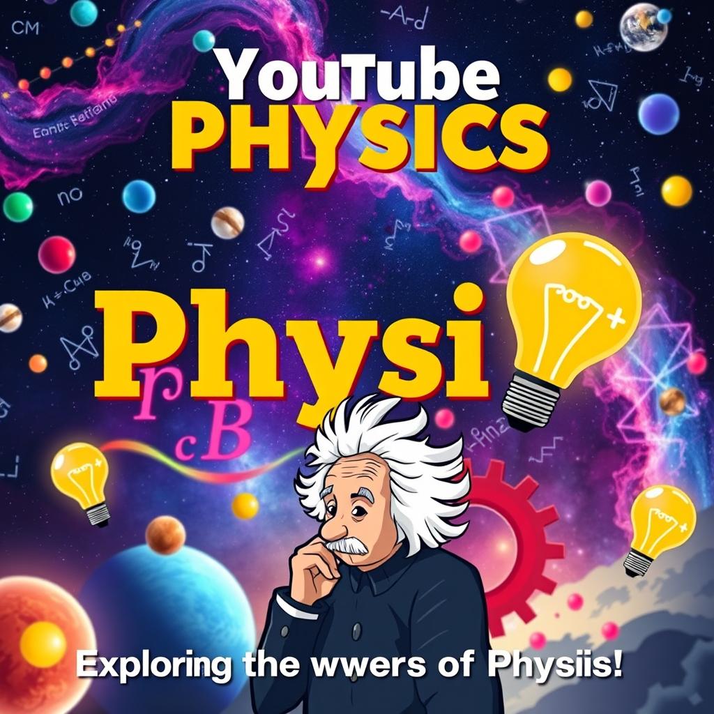 A visually striking thumbnail for a YouTube Physics channel, showcasing a dynamic and vibrant scene that blends elements of classic physics symbols like equations, atoms, and galaxies