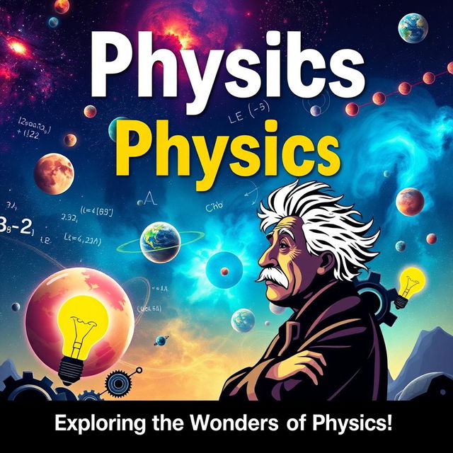 A visually striking thumbnail for a YouTube Physics channel, showcasing a dynamic and vibrant scene that blends elements of classic physics symbols like equations, atoms, and galaxies