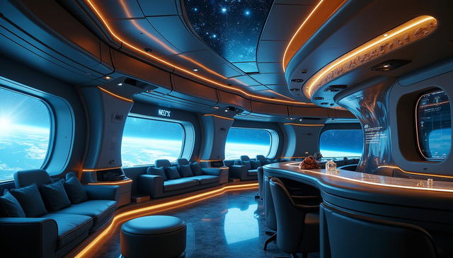 The interior of a futuristic spaceship, showcasing sleek metallic surfaces and advanced technology