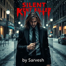 A dramatic book cover featuring a man walking down a snowy New York City street at night