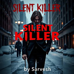 A dramatic book cover featuring a man walking down a snowy New York City street at night