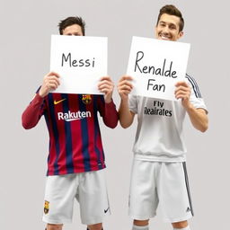 Two fictional football players standing together in a lighthearted scene, each holding a white paper with writing