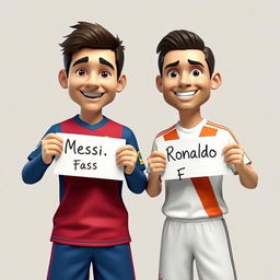 Two fictional football players standing together in a lighthearted scene, each holding a white paper with writing