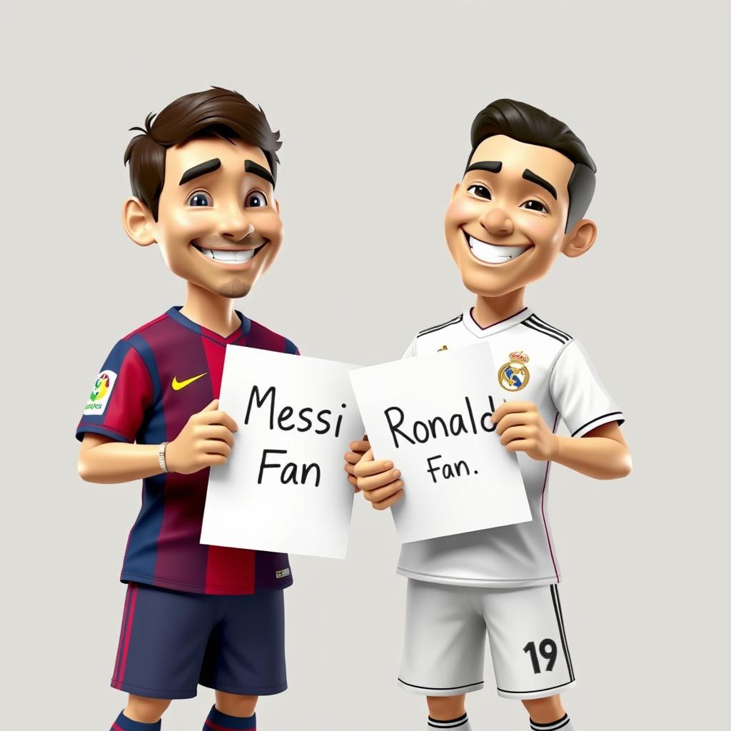 Two fictional football players standing together in a lighthearted scene, each holding a white paper with writing
