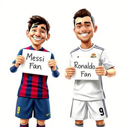 Two fictional football players standing together in a lighthearted scene, each holding a white paper with writing