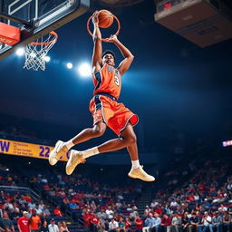 A dynamic basketball scene featuring a skilled player in mid-air performing a slam dunk