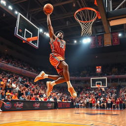 A dynamic basketball scene featuring a skilled player in mid-air performing a slam dunk