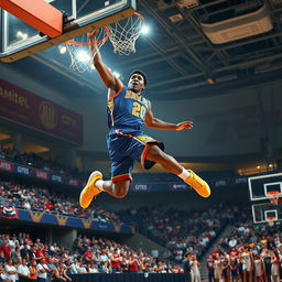 A dynamic basketball scene featuring a skilled player in mid-air performing a slam dunk