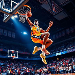 A dynamic basketball scene featuring a skilled player in mid-air performing a slam dunk