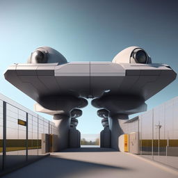 front view of gate of futuristic maximum-security penitentiary with cameras in broad daylight based on https://files.dreamhome.software/files/static/37174