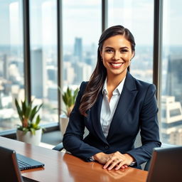A professional portrait of a businesswoman sitting at her modern office desk, wearing a tailored navy suit