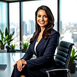 A professional portrait of a businesswoman sitting at her modern office desk, wearing a tailored navy suit