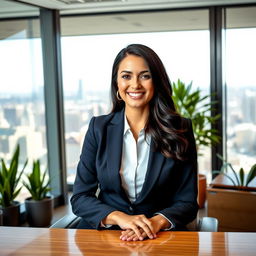 A professional portrait of a businesswoman sitting at her modern office desk, wearing a tailored navy suit