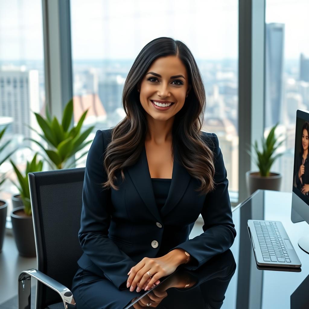 A professional portrait of a businesswoman sitting at her modern office desk, wearing a tailored navy suit