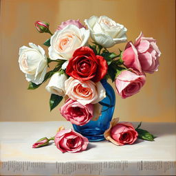 An exquisite oil painting showcasing a beautiful arrangement of white, red, and pink rose flowers in a stunning blue glass vase