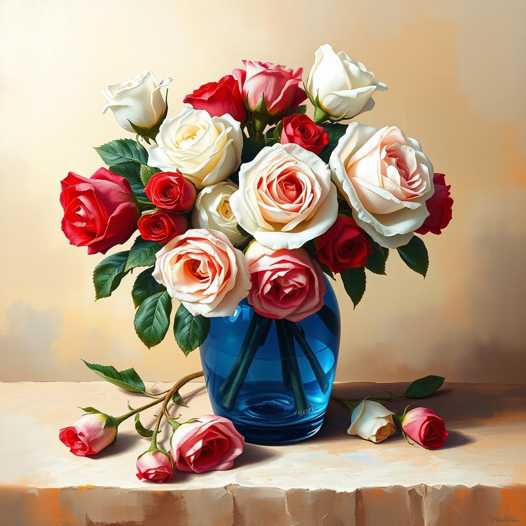 An exquisite oil painting showcasing a beautiful arrangement of white, red, and pink rose flowers in a stunning blue glass vase