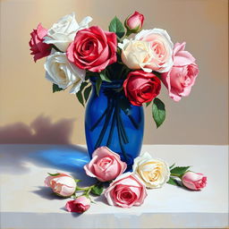 An exquisite oil painting showcasing a beautiful arrangement of white, red, and pink rose flowers in a stunning blue glass vase