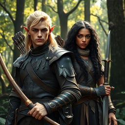 A captivating scene featuring a blonde male elven ranger alongside a dark-skinned female human ranger with long black curly hair