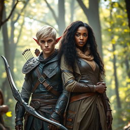 A captivating scene featuring a blonde male elven ranger alongside a dark-skinned female human ranger with long black curly hair