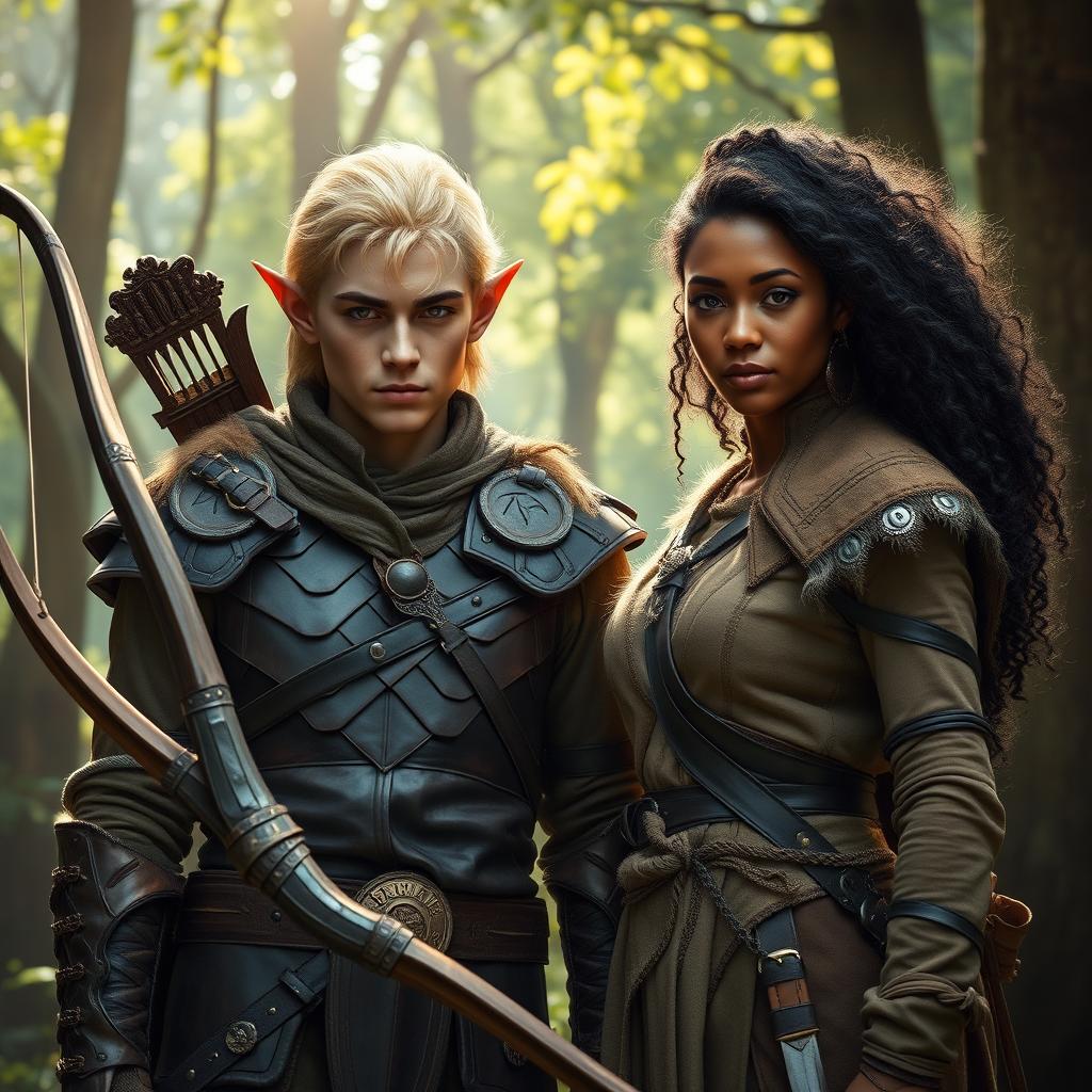 A captivating scene featuring a blonde male elven ranger alongside a dark-skinned female human ranger with long black curly hair