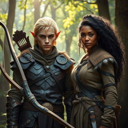 A captivating scene featuring a blonde male elven ranger alongside a dark-skinned female human ranger with long black curly hair