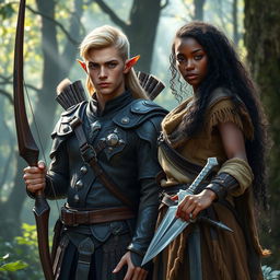 A captivating scene featuring a blonde male elven ranger alongside a dark-skinned female human ranger with long black curly hair