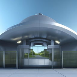 front view of gate of futuristic maximum-security penitentiary with cameras in broad daylight based on https://files.dreamhome.software/files/static/37174