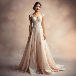 A stunning evening gown inspired by the elegance of Dior, featuring a fitted bodice with intricate lace details and a flowing, floor-length skirt that beautifully cascades to the ground