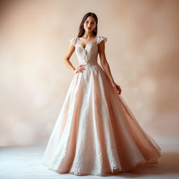 A stunning evening gown inspired by the elegance of Dior, featuring a fitted bodice with intricate lace details and a flowing, floor-length skirt that beautifully cascades to the ground