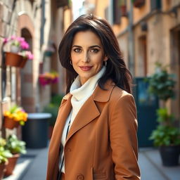 A 38-year-old woman with dark hair, showcasing her Italian features while confidently dressed in a stylish outfit