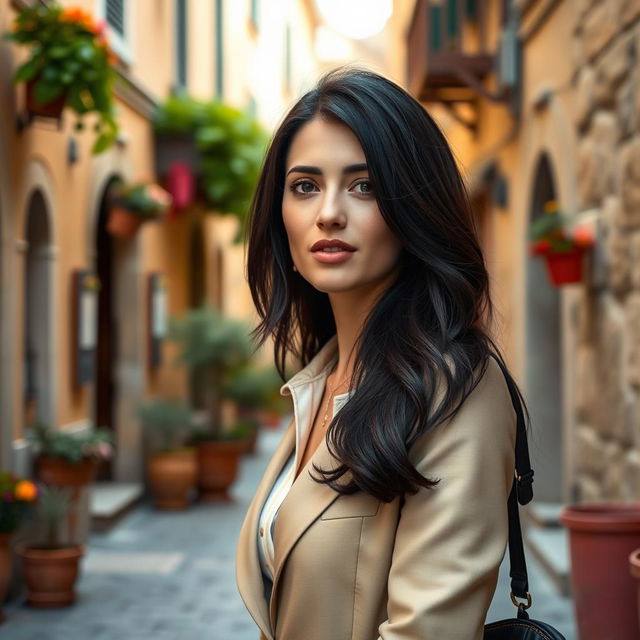 A 38-year-old woman with dark hair, showcasing her Italian features while confidently dressed in a stylish outfit