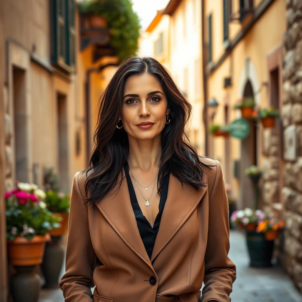 A 38-year-old woman with dark hair, showcasing her Italian features while confidently dressed in a stylish outfit