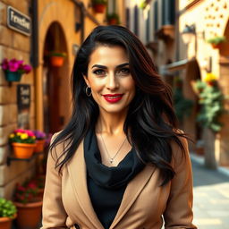 A 38-year-old woman with dark hair, showcasing her Italian features while confidently dressed in a stylish outfit