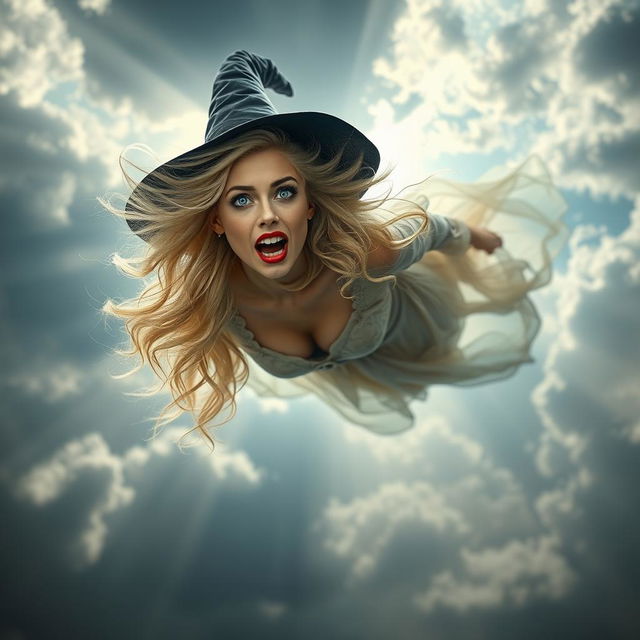 A stunning blonde witch with flowing hair, blue eyes, and striking red lips, falling gracefully from the sky, captured mid-air