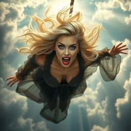 A stunning blonde witch with flowing hair, blue eyes, and striking red lips, falling gracefully from the sky, captured mid-air