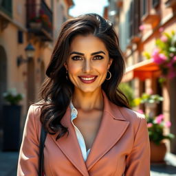 A 38-year-old woman with dark hair and distinct Italian features, fully dressed in a stylish outfit that reflects modern Italian fashion